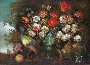 Andrea Boscoli Stilleben med blommor och pafagel oil painting artist